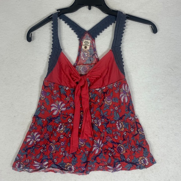 Free People Red Floral Crochet Trim Racerback Tank Top Women's XS Viscose - Picture 2 of 8